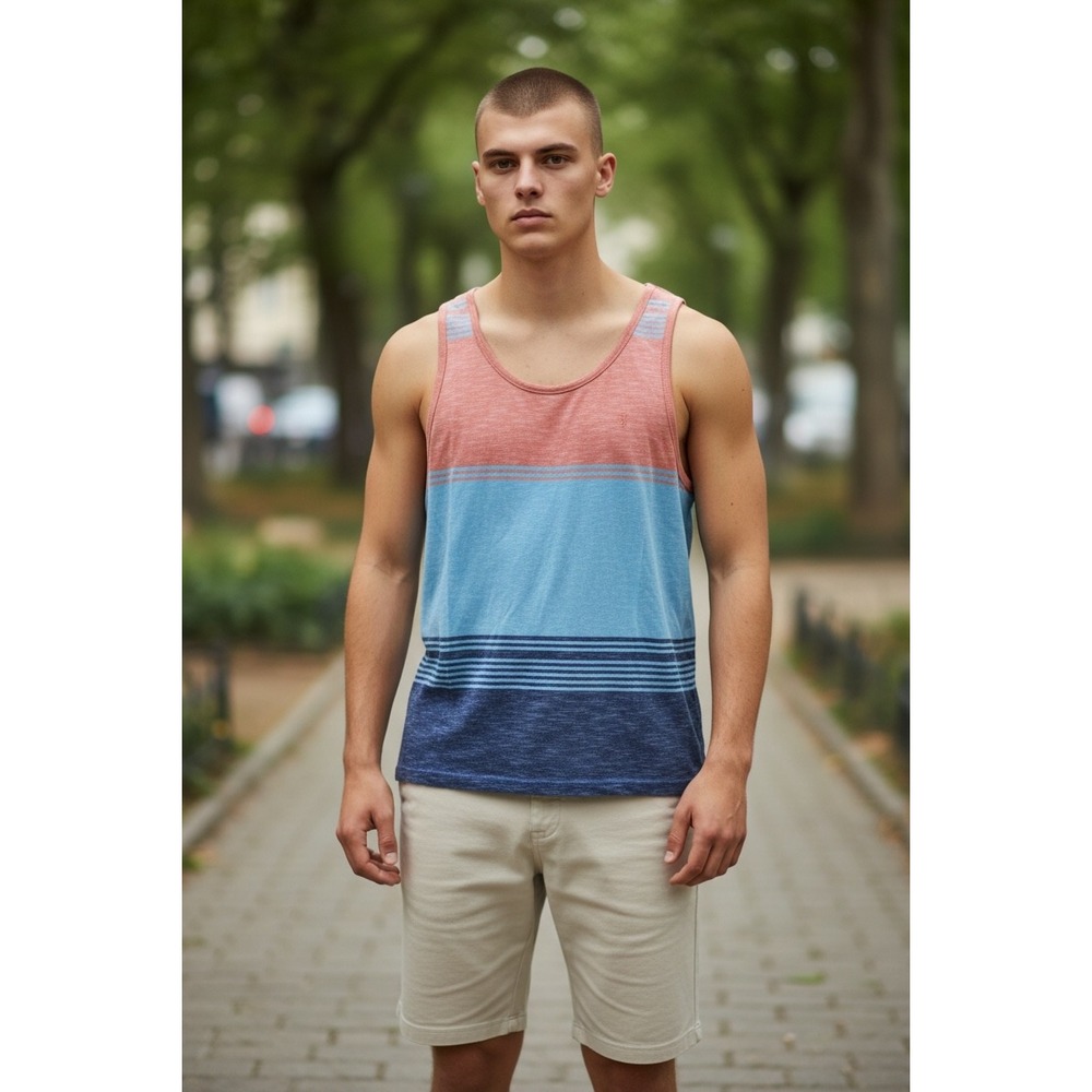 Lions Crest by English Laundry Men's‎ Tank Top L Orange Blue Striped embroidered